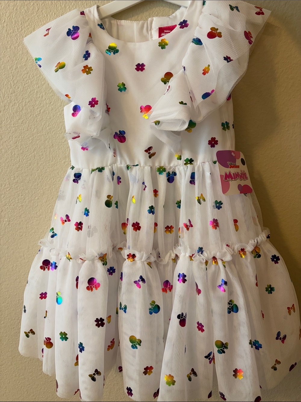 Disney White Dress with Rainbow Metallic Minnie & Floral Dots